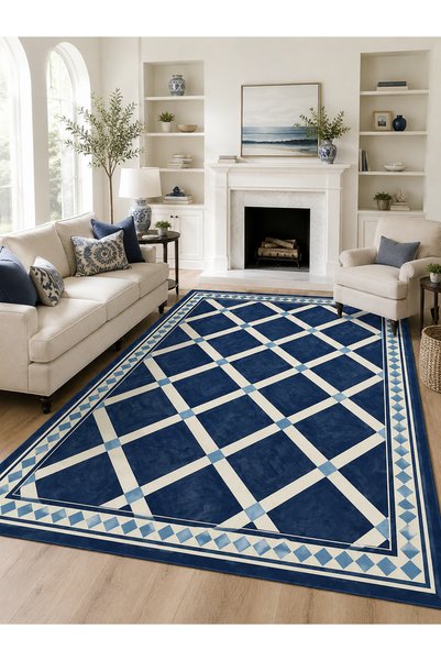 Homeilla Lacivert Ekose Desenli Modern Halı