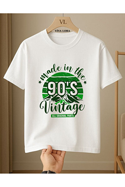 VİVA LORA 90`Lar Vintage Printed Unisex 100% Cotton Crew Neck Regular T-Shirt