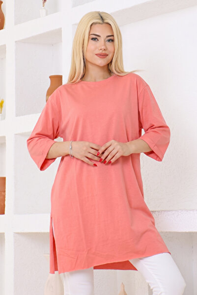 nacar çarşı Women's Salmon Oversize Tunic T-Shirt - Half Sleeves, Round Neck,...