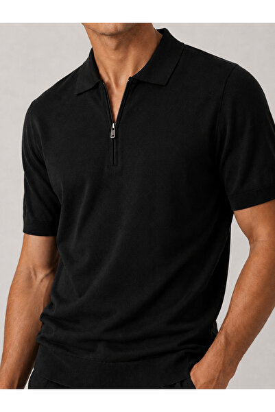 MODASPARK Black Polo Collar Zippered Short Sleeve Men's T-Shirt