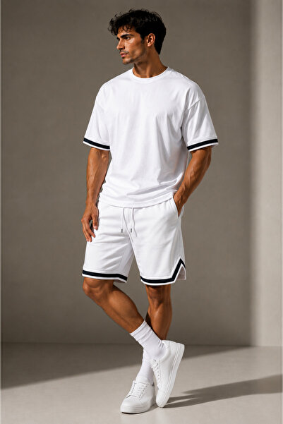 FECCY Premium Striped Men's Crew Neck Shorts T-Shirt Set