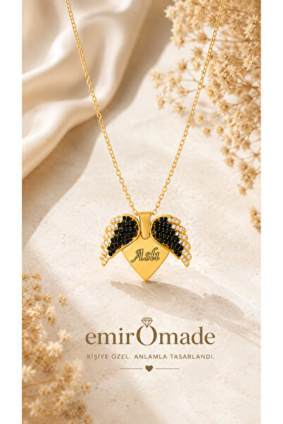 emirOmade 925 Ayar Gümüş Kişiye Özel İsimli Kalp üzeri İsim Yazılı Melek Kana...
