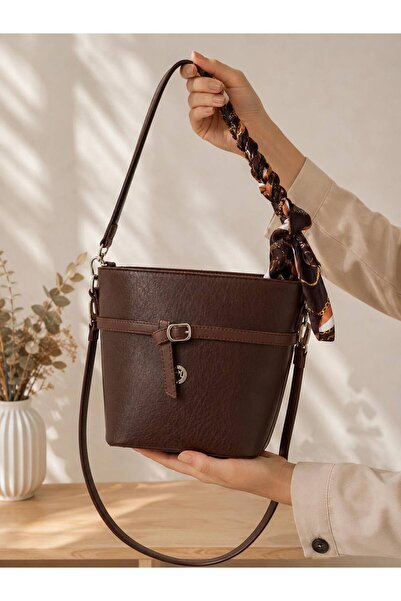 chocolatebag Women's Box Model Fular Detail Double Strap Crossbody Bag Brown