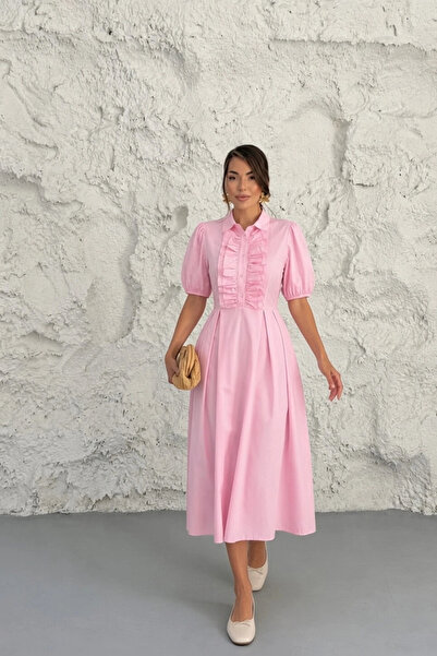 Lusin Women's Pink Stylish Shirt Collar Ruffle Detailed Short Sleeve Summer P...