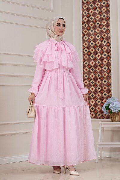 Sevitli Ruffle Detailed Roza Hijab Dress-Pink