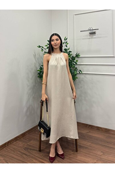 ZDABOUTİQUE Kadın Oversize Görünümlü Halter Yaka Midi Elbise