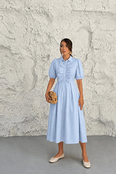 Lusin Women's Blue Stylish Shirt Collar Ruffle Detailed Short Sleeve Summer P...