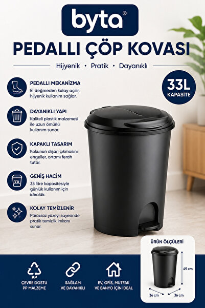 BYTA 33 Liter Pedal Trash Can with Lid Plastic Trash Bin Black |   Large Size...
