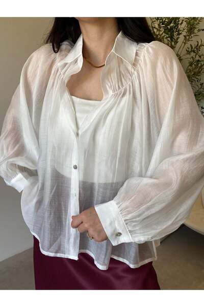 Bade Butik White Transparent Shirt with Gathered Collar