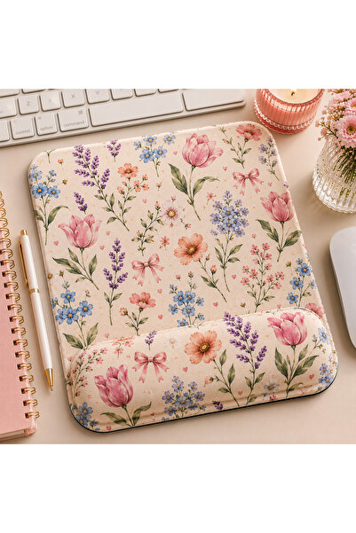 matizya Pastel Lale ve Lavanta Desenli Bilek Destekli Mouse Pad 19x23 cm Ergo...