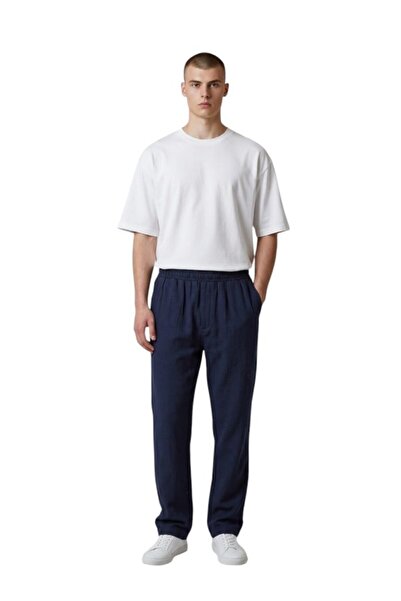 MODA Men's Elastic Waist Tapered Leg Muslin Trousers
