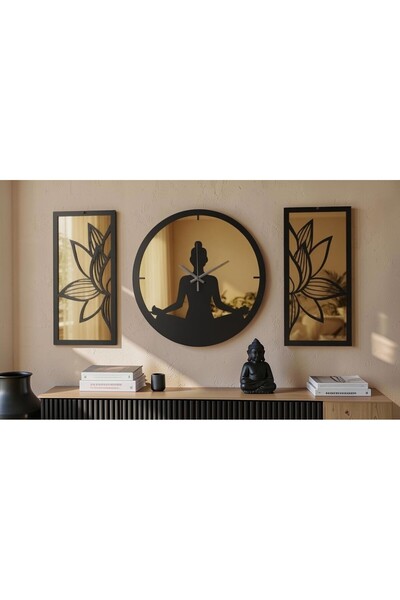 ERGEÇ TASARIM Lotus Meditasyon Gold Aynalı Pleksi Dekoratif Duvar Saati ve Pa...