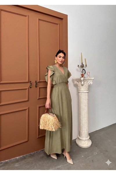 Butik Şenel Double-Breasted Collar Flounce Sleeve Linen Long Summer Dress