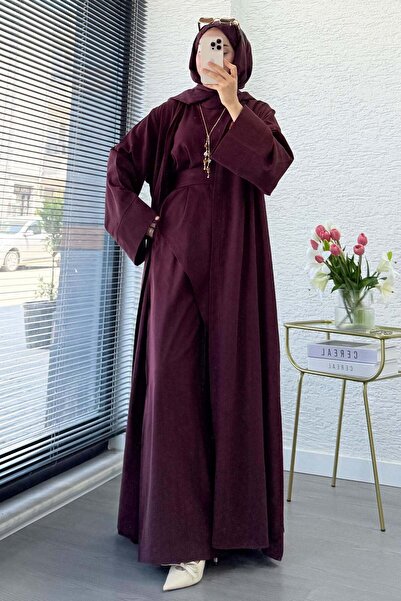 MELEK ARAZ Premium Miena Linen Triple Abaya Set - Burgundy