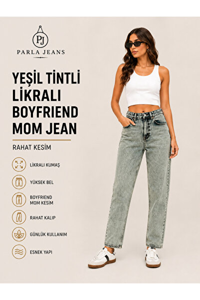 Parla Jeans بنطلون جينز نسائي مريح من الليكرا باللون الأخضر من نوع Boyfriend ...
