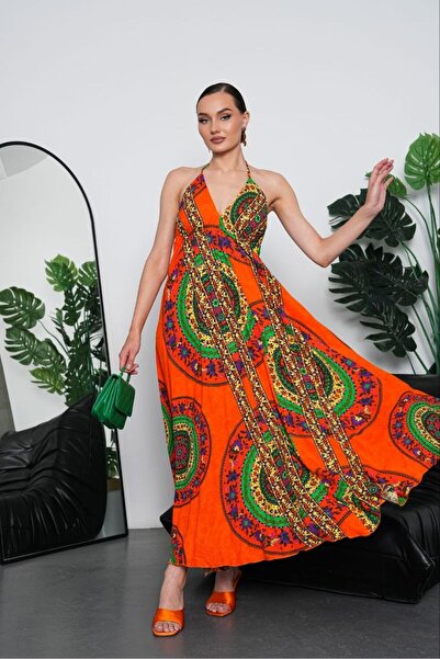 Lady Pixie Ethnic Patterned Backless Slit Long Dress