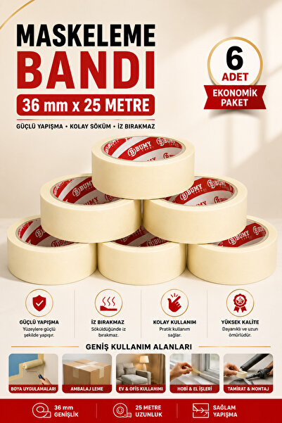 METFİX (6 ADET) 36 mm x 25 Metre Maskeleme Bandı İz Bırakmayan Dekoratif Kağı...