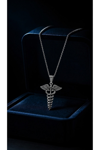 Silvari Silver Kadüse Tıp Sembolü Parlak Unisex Tasarım 925 Ayar Gümüş Kolye