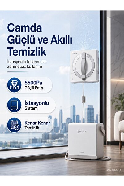 Ecovacs Akıllı İstasyonlu Cam Silme Makinesi Priz Gerektirmeyen Bataryalı Oto...