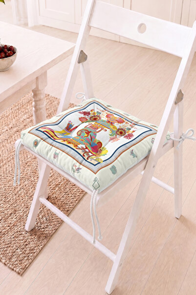 Home Renkli Çiçekli Vazo ve Meyve Desenli Pofidik Sandalye Minderi - Retro De...