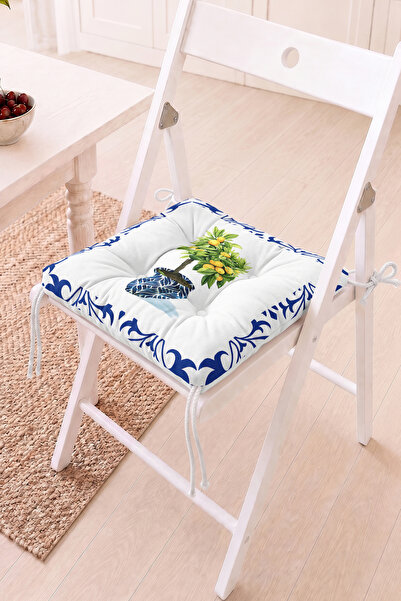 Home Saksıda Limon Ağacı Desenli Pofidik Sandalye Minderi - Mavi Beyaz Çini Ç...