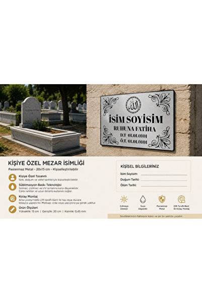 HobiShop Kişiye Özel Metal Mezar İsimliği 15x20 cm – Gümüş Metal Levha –Baskılı Mezarlık Levhası