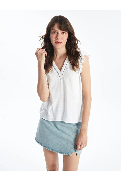 LC Waikiki V-Neck Self-Patterned Short Sleeve Women's Blouse (S4)
