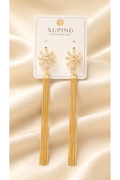 xUPING 316L Çelik 14K Gold Renk Zirkon Taşlı Püskül Küpe – Premium Uzun Salla...