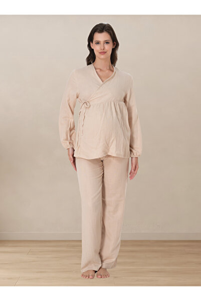 ByLohusa Long Sleeve Muslin Fabric Maternity and Postpartum Pajama Set with B...