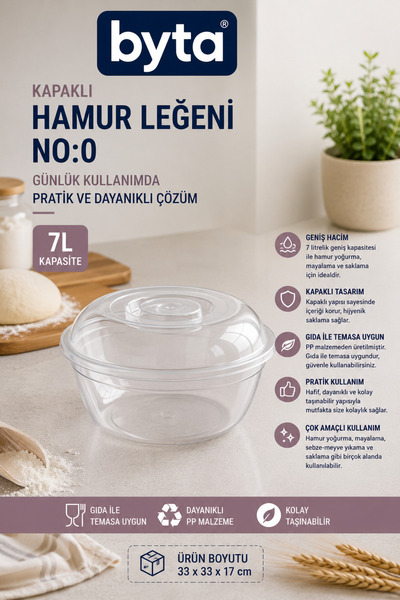BYTA 7 L Transparent Dough Basin with Lid No:0 Bpa-Free Plastic Dough Kneadin...