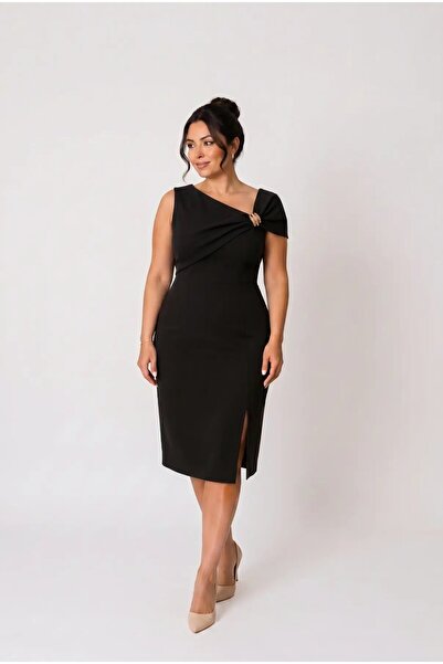 hazelin Women's Black Plus Size Buckle Detailed Slit Detailed Midi Length Eve...