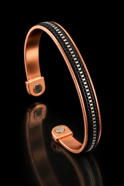 OSMANLI GÜMÜŞ Men's and Women's Copper Bracelet with Black Leather Strip on T...