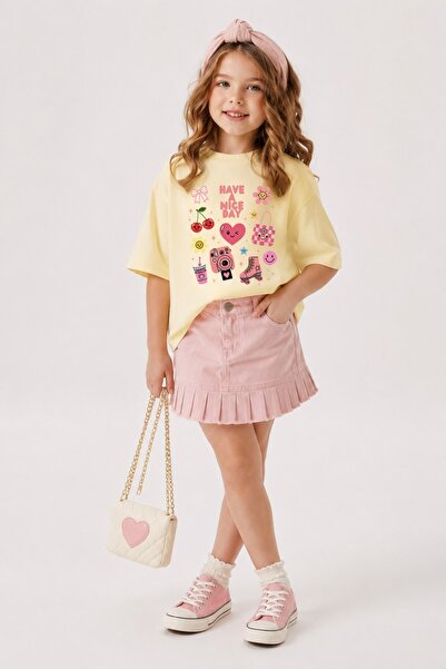 GIA - ART Tricou oversize pentru fete, cu imprimeu Nice Day, galben – cu gule...