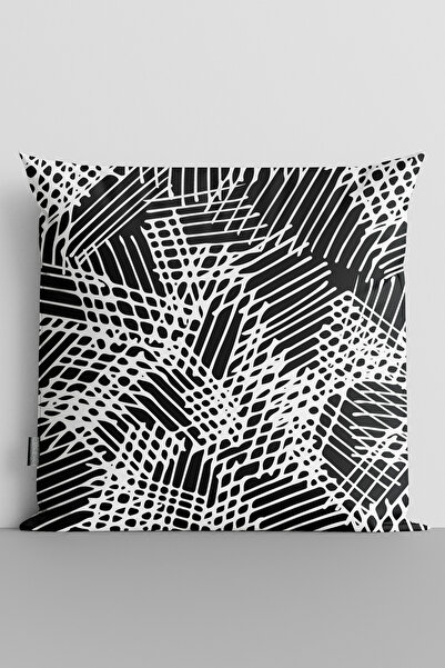 TicaretJet White Mixed Lines Double Sided Digital Printed Throw Pillow Cover