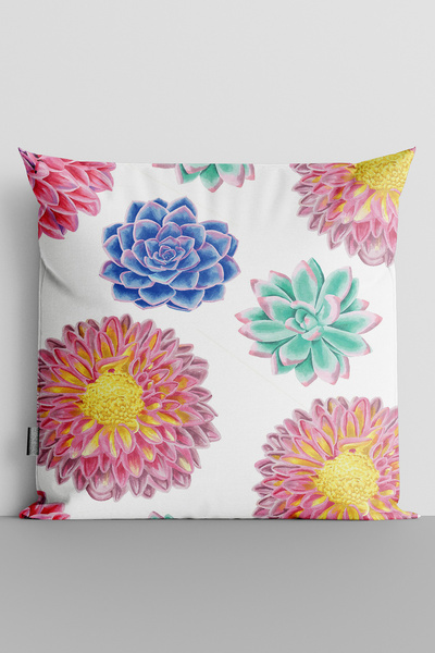 TicaretJet Colorful Flowers Double Sided Digital Printed Throw Pillow Cover