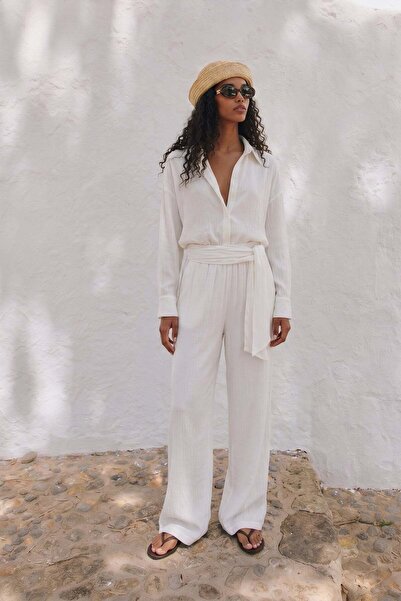 Sateen Belted Trousers - Ecru