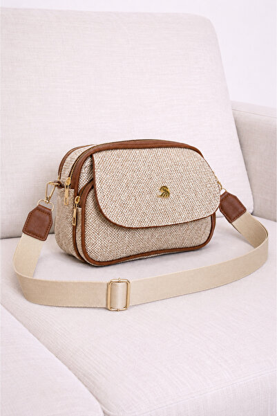 MILANOFOX Women's Silvery Straw Beige-Tan Covered 3-Compartment Cross Shoulde...