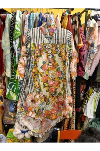 Generic Women's Floral Print Long Kurti with Striped Sleeves, V-Neck, Soft La...