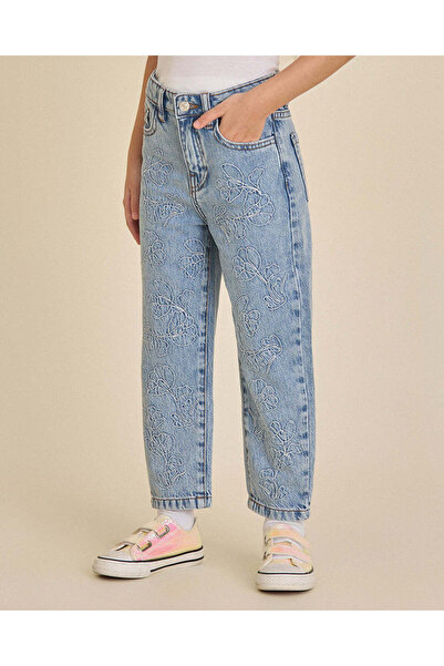 REDTAG Girls Light Wash All-Over Embroidered Mom Fit Jeans