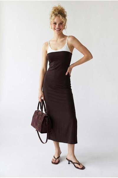 Mixray 2132 Women's Bodycon Body-Hugging Strappy Slit Maxi Dress Coffee