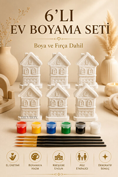 devhome Kendin Boya Alçı Ev Figürü Boyama Seti 6 Kişilik | 6 Renk Akrilik Boy...