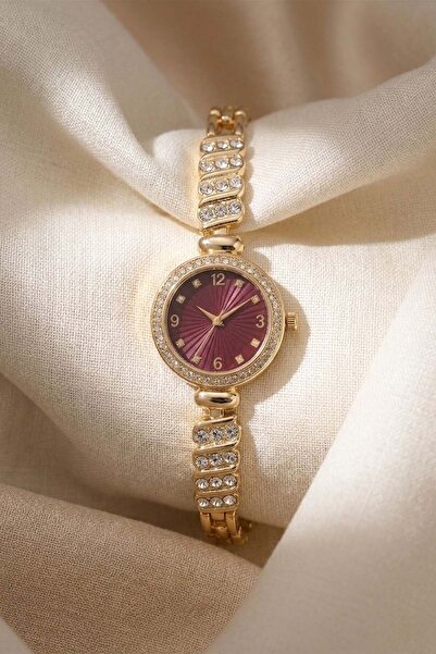 GANYMET Sweny Women's Gold Steel Watch Burgundy Sunburst Dial Stone Detailed ...