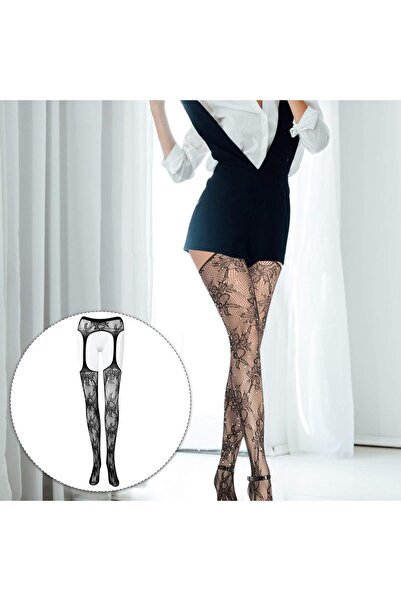 Sensvia Premium Dantel File Jartiyer Body Stocking – Şeffaf Çiçek Desenli Kadın Fantezi İç Giyim