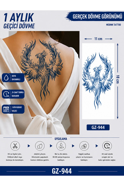 medink tattoo 1 Ay Kalıcı Sonradan Kararan 11X 18 cm Anka kuşu model geçici d...