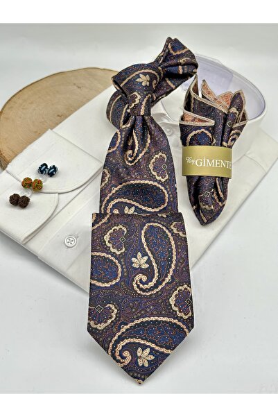 Gutiero Classic Tie with Brown Paisley Patterned Handkerchief