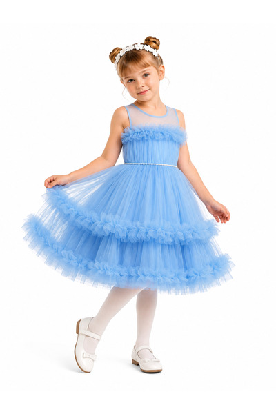 AHENGİM Girl's Pink Tulle Layered Dress Princess Model Evening Dress Ak432