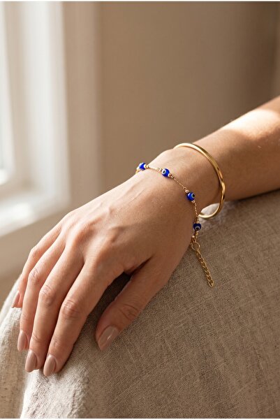 Mijja 7 Mini Glass Evil Eye Beads Detailed Gold Chain Lacquer Plated Bracelet...