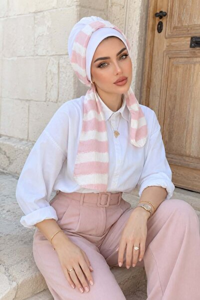 Aişe tesettür Powder White Line Patterned Scarf Bonnet