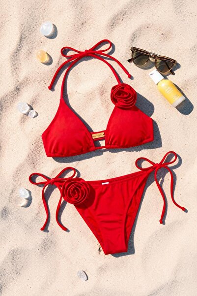 Luvensa Kırmızı Gül Detaylı Üçgen Bikini Takımı