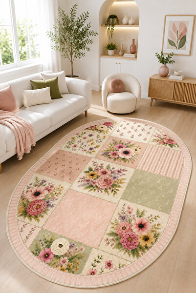 PINKIE HOME Dijital Baskı Kaymaz Yıkanabilir Çiçekli Soft Pembe Patchwork Sal...